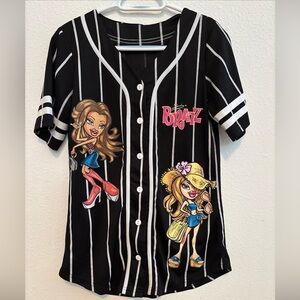 Bratz Baseball Jersey Shirt Women’s Black Stripe Pinstripes Button Graphics